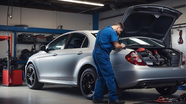 Um homem de uniforme azul está olhando para um carro.