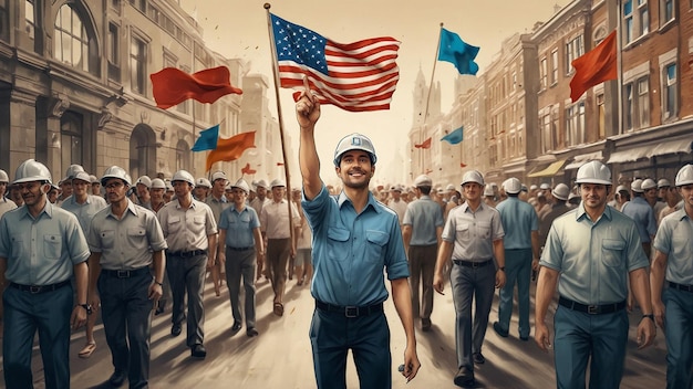 um homem de uniforme azul segura uma bandeira no meio da rua