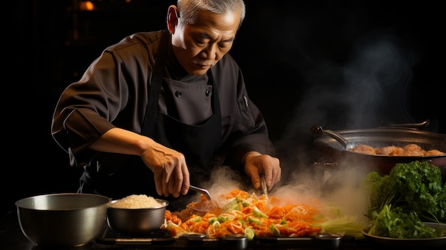 Um homem de uniforme de chef preparando comida em uma mesa.