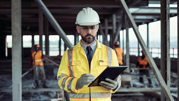 um homem de uniforme de construção lendo um livro