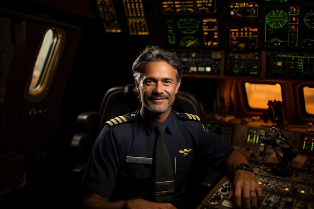 Foto um homem de uniforme de piloto está sorrindo e sentado na cabine de um avião