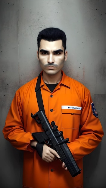 Um homem de uniforme laranja segurando uma arma