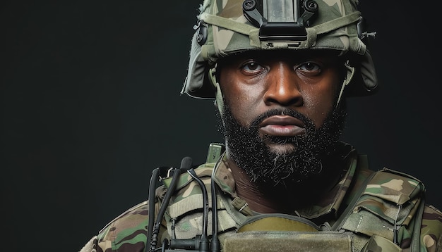 Um homem de uniforme militar com um capacete na cabeça