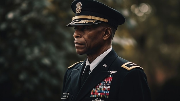 Um homem de uniforme militar está parado em frente a uma árvore.