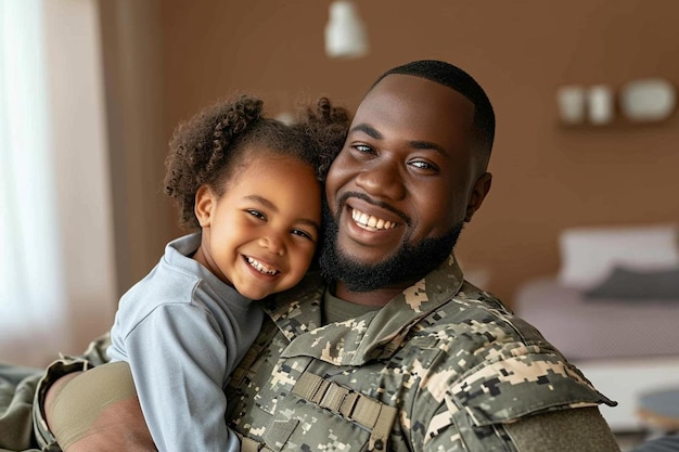 um homem de uniforme militar segurando uma menina