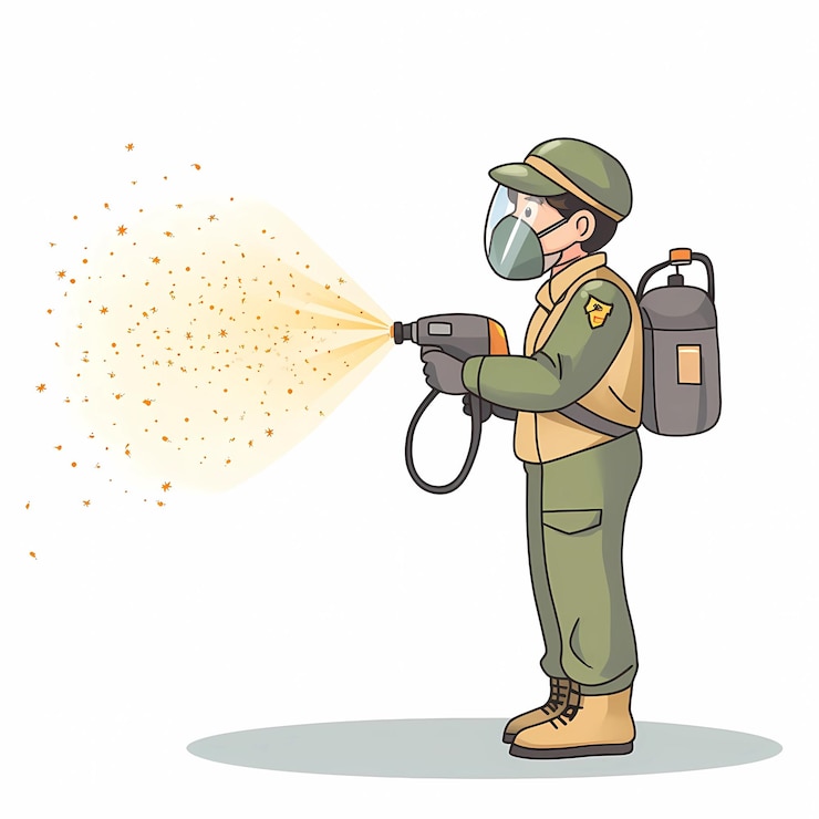 Foto um homem de uniforme pulverizando composições no chão ilustração vetorial com fundo branco