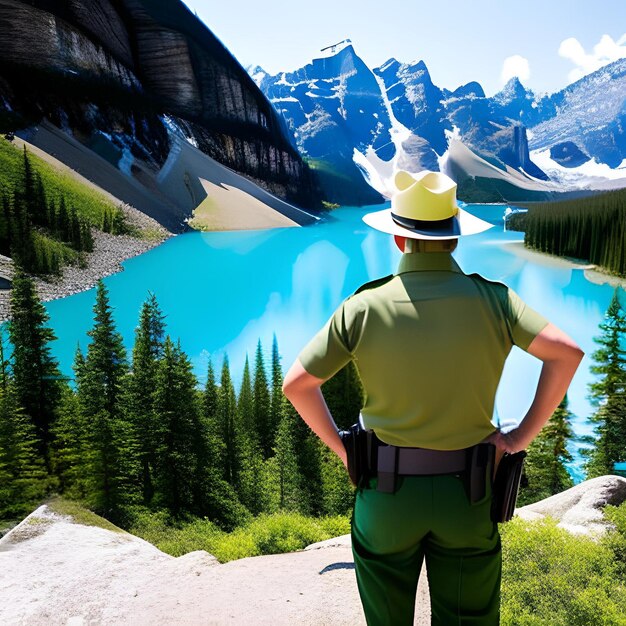 Um homem de uniforme verde está em uma colina com vista para um lago na montanha.