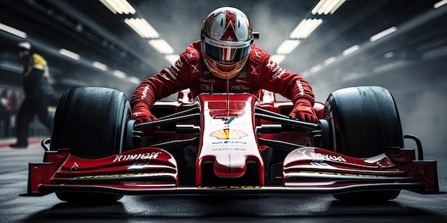 Foto um homem de uniforme vermelho está empurrando um carro de corrida no estilo da fotografia artística