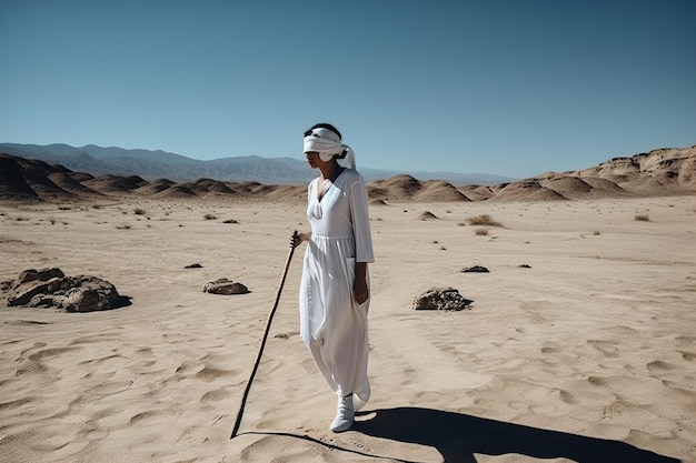 Um homem de vestido branco está a caminhar no deserto.
