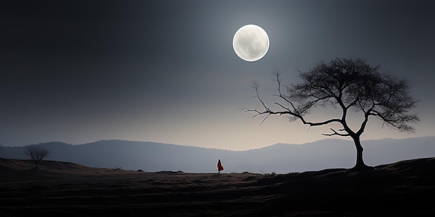 Foto um homem de vestido vermelho está em um campo sob a lua cheia.