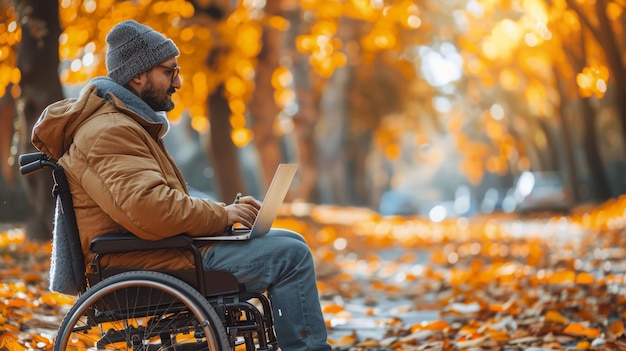 Um homem deficiente em cadeira de rodas com um laptop em um parque de outono