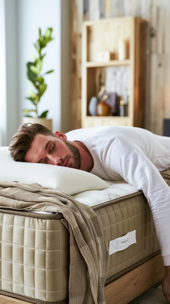 Um homem deitado em uma almofada de dormir de lado descansando em um colchão de espuma com gel ele parece pacífico