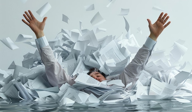 Foto um homem deitado em uma pilha de papéis com a palavra papel sobre ele