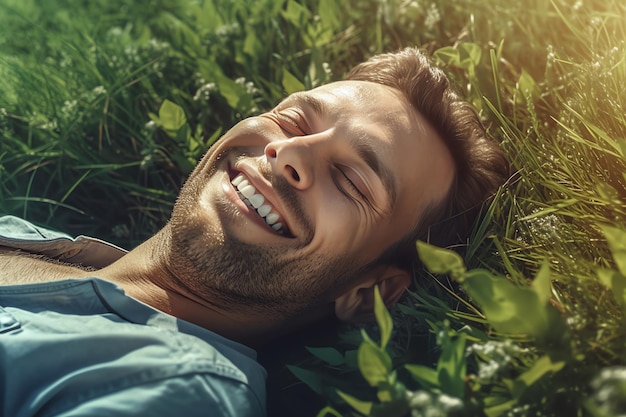 Um homem deitado na grama sorrindo com os olhos fechados