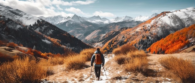 Foto um homem desce uma montanha com montanhas ao fundo