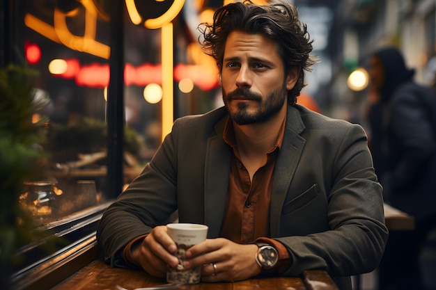 Um homem desfrutando de uma xícara de café em uma mesa