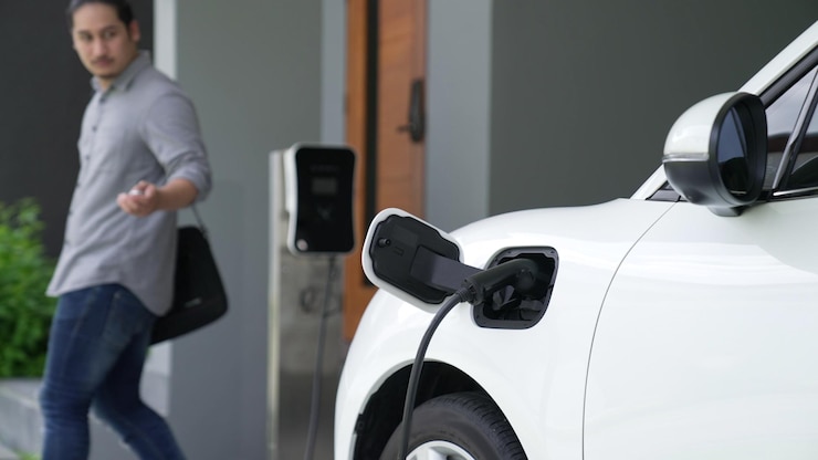 Foto um homem desliga o carregador do veículo elétrico em sua residência o conceito de uso de veículos elétricos em um estilo de vida progressista contribui para um ambiente limpo e saudável