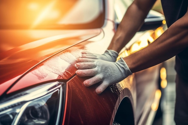 Um homem detalhando um carro com uma IA generativa de tecido de microfibra