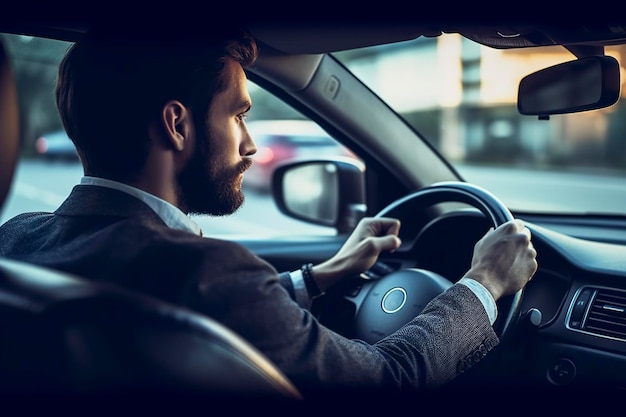 Um homem dirige seu carro visto do banco de trás Ai gerado