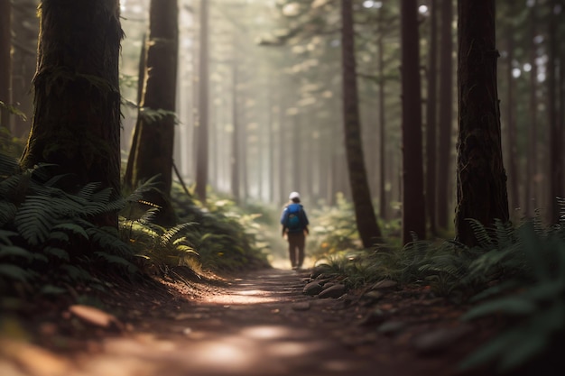 Foto um homem distante nas trilhas de uma floresta verde