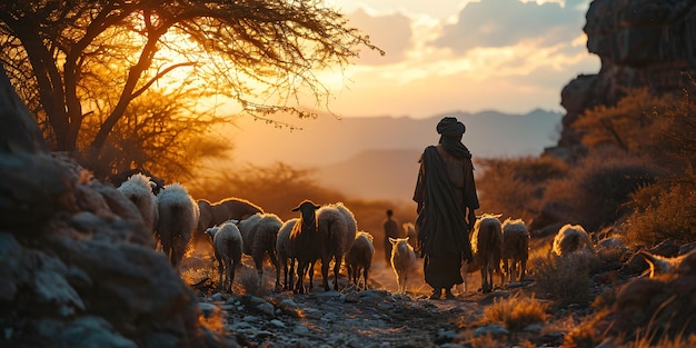 Foto um homem do oriente médio pastoreia um rebanho de ovelhas em um vale desértico ao pôr do sol