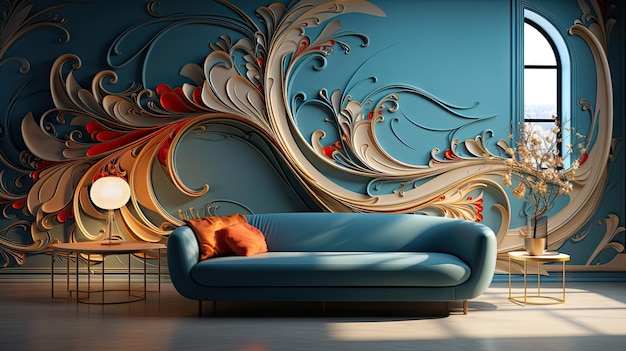Um homem dormindo em um sofá com um sofá azul na frente de uma parede com uma pintura de um homem dormindo nele.