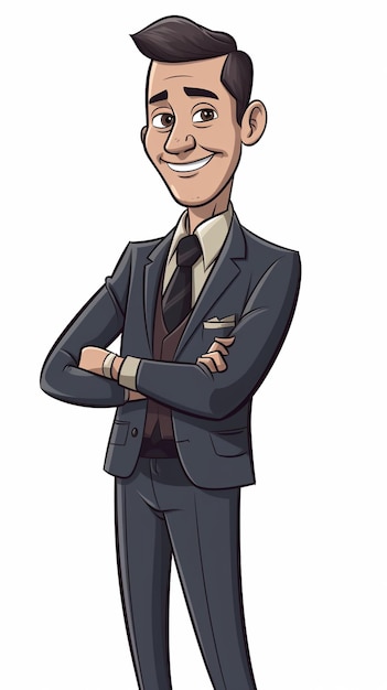 Um homem dos desenhos animados com um terno e gravata em pé com os braços cruzados.