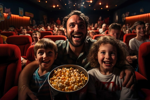 Foto um homem e crianças estão em uma sala de cinema comendo pipoca e assistindo um filme emocional e super excitado