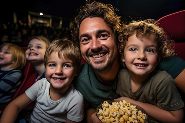 Foto um homem e crianças estão em uma sala de cinema comendo pipoca e assistindo um filme emocional e super excitado