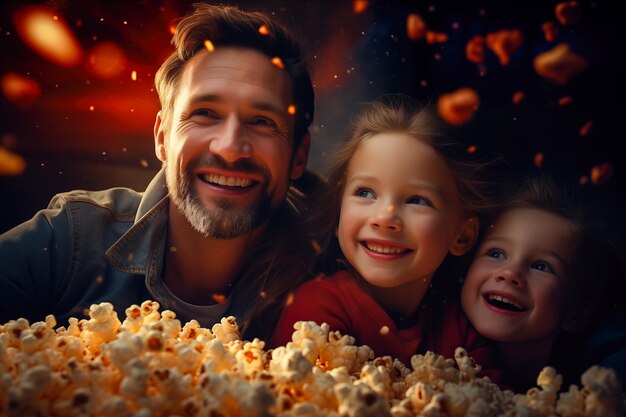 Foto um homem e dois filhos sorrindo enquanto assistem a um filme