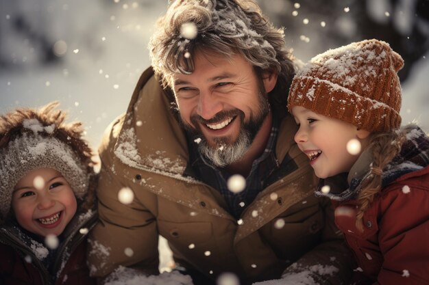 Foto um homem e duas crianças brincando na neve de inverno