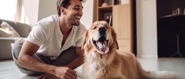 Um homem e o seu cão estão a sorrir para a câmara.