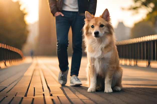 Um homem e seu cachorro em um calçadão