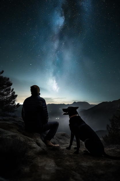 Foto um homem e seu cachorro estão sentados em uma pedra sob um céu estrelado.