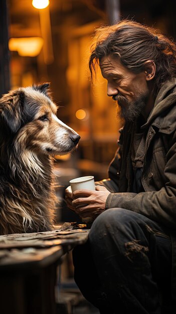 um homem e seu cão estão sentados em um banco e o homem está segurando uma chávena de café