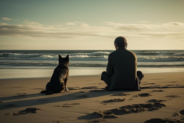 Um homem e seu cão sentados na praia Generative Ai