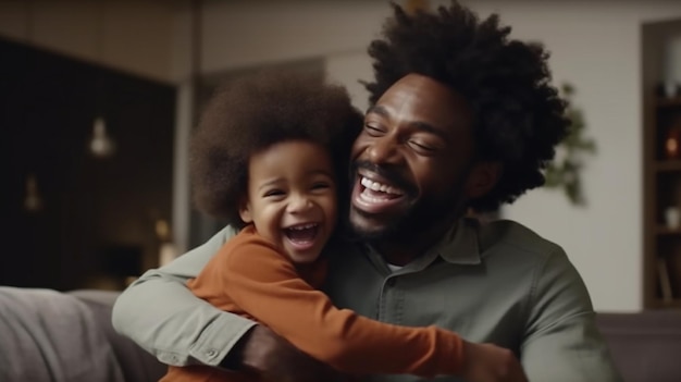 Um homem e seu filho estão se abraçando e sorrindo.