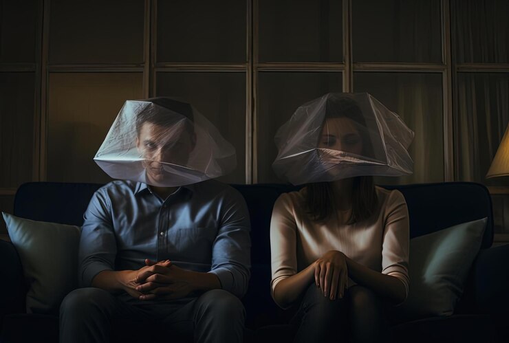 Foto um homem e sua esposa sentados no sofá enquanto eles cobrem seus rostos no estilo de psicológico