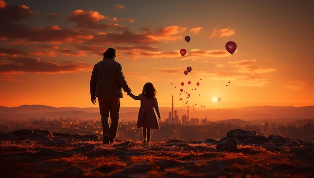 um homem e sua filha segurando um balão azul durante o pôr do sol