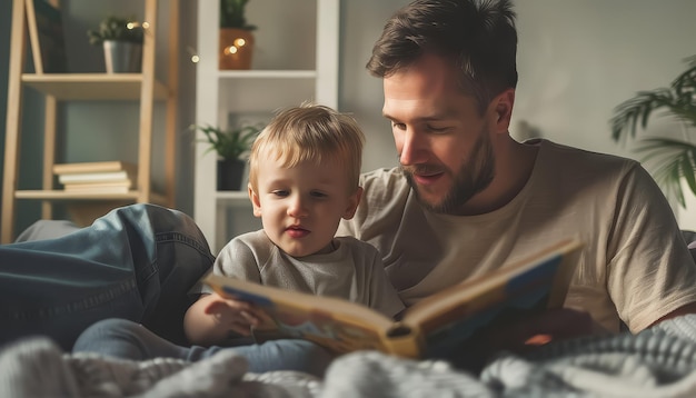 Um homem e um bebê estão lendo um livro juntos