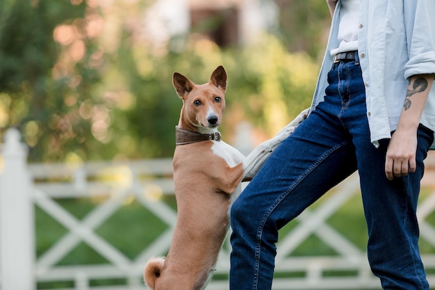 Um homem e um cachorro em pé nas patas traseiras