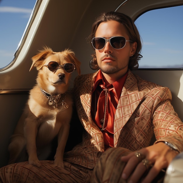 um homem e um cachorro sentados em um carro
