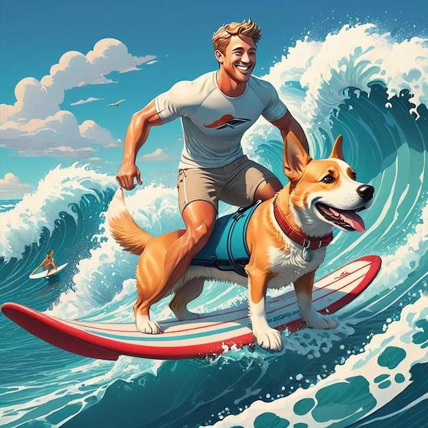 Um homem e um cão a surfar numa onda com a cara feliz dele.
