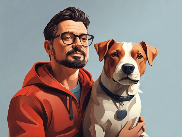 Um homem e um cão estão posando para uma foto com um homem e um cachorro