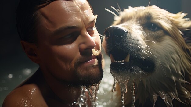 Foto um homem e um cão estão tomando banho e o cão está olhando para ele