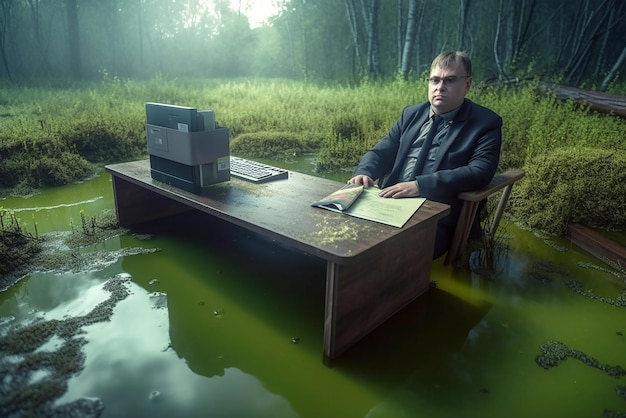 Um homem é um empresário sentado em sua mesa de escritório até a cintura em um pântano Uma crise nos negócios