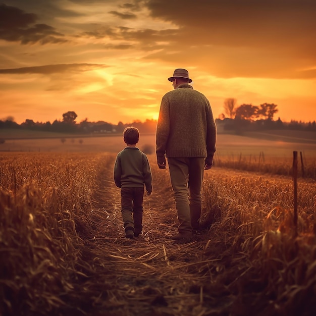 Foto um homem e um menino caminham por um campo com o pôr do sol ao fundo.
