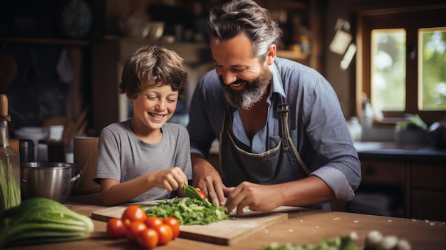 Um homem e um menino cortam legumes juntos na cozinha