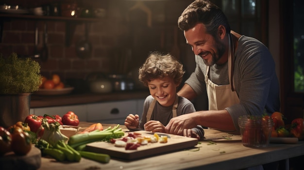 Um homem e um menino cortando ingredientes e mexendo panelas em um ambiente de cozinha vibrante
