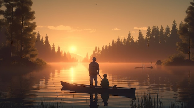 Um homem e um menino em um barco em um lago ao pôr do sol